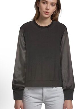 Black Mixed-Media Pullover Sweatshirt with Sheer Satin Sleeves